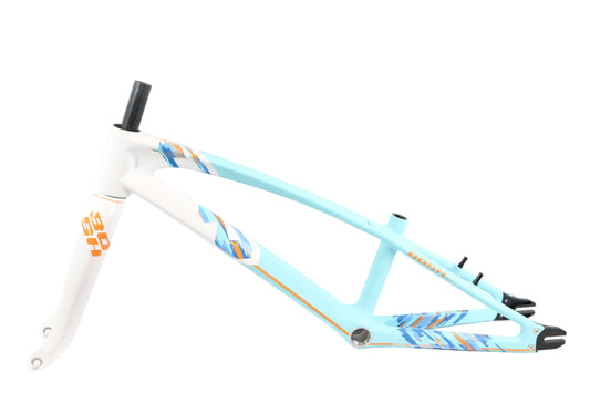 Light blue bicycle frame with orange accents on a white background