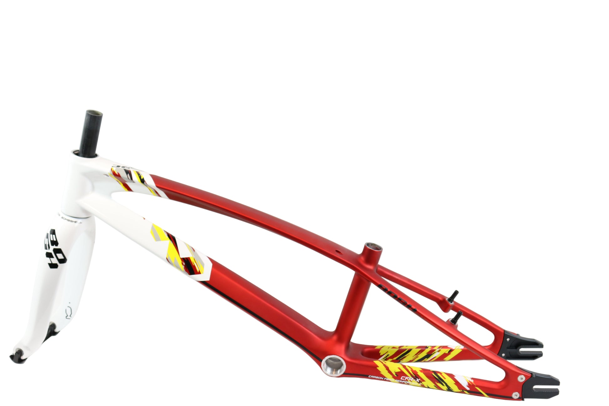 Red and white bicycle frame with black accents on a white background
