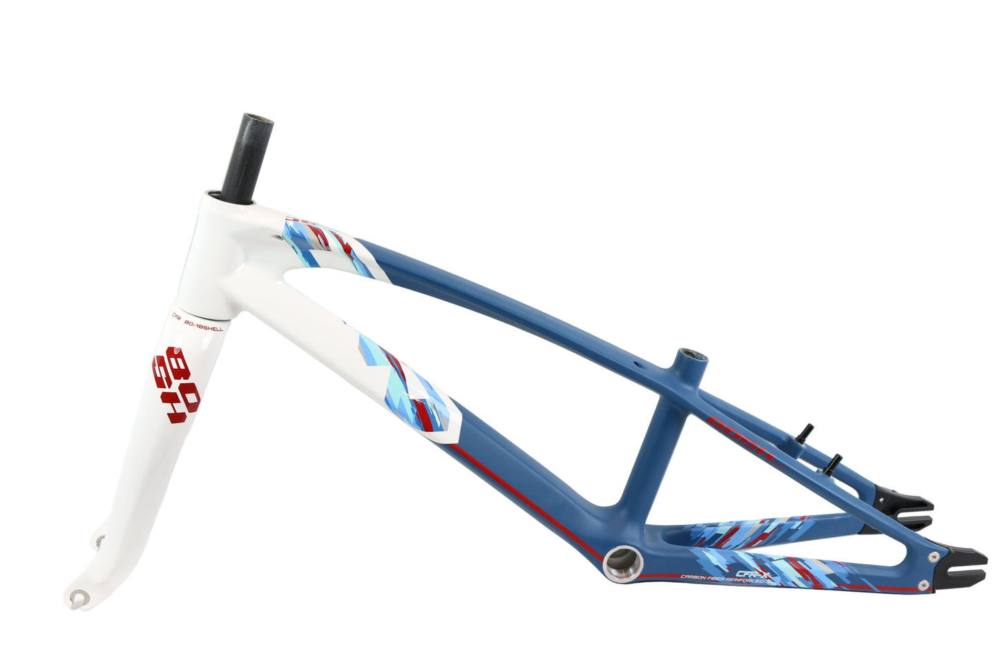Blue and white bicycle frame with red accents on a white background